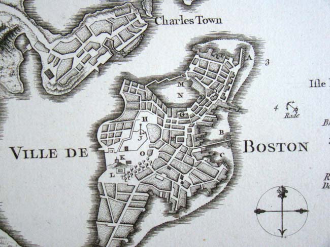 An Original and RARE Pre Revolutionary War French Engraving of BOSTON circa 1760-1770 showing gun emplacements, powder house, prison and other important locations.  — image 2